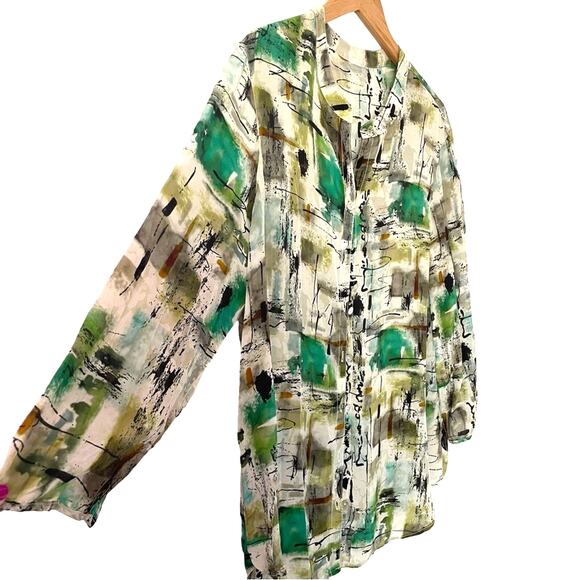 Vintage Silk Blouse Button Down Green White Black - Picture 3 of 7